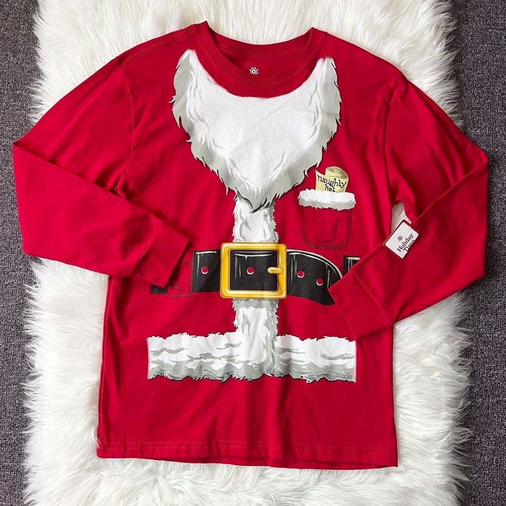Santa Clause tee long sleeve ugly Christmas sweater holiday NWT new red top